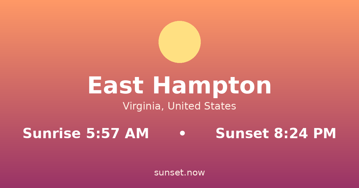 Sunrise & sunset times in East Hampton, Virginia — sunrise 5:57 AM, sunset 8:24 PM