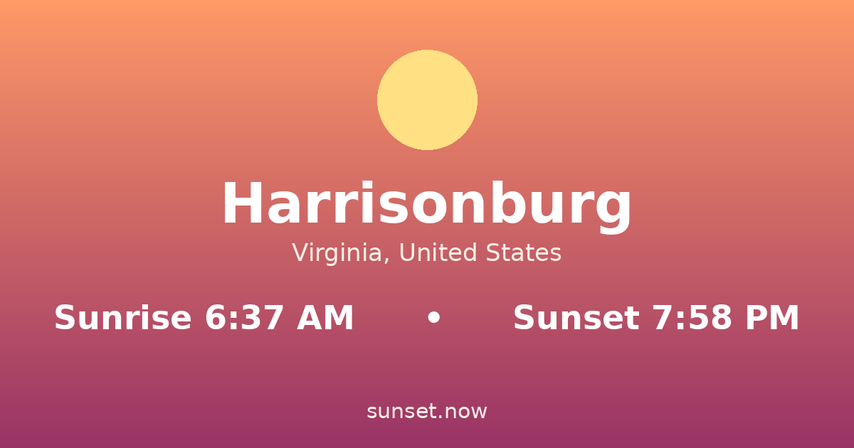 Sunrise & sunset times in Harrisonburg, Virginia — sunrise 6:37 AM, sunset 7:58 PM