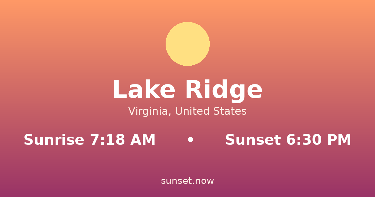 Sunrise & sunset times in Lake Ridge, Virginia — sunrise 7:18 AM, sunset 6:30 PM