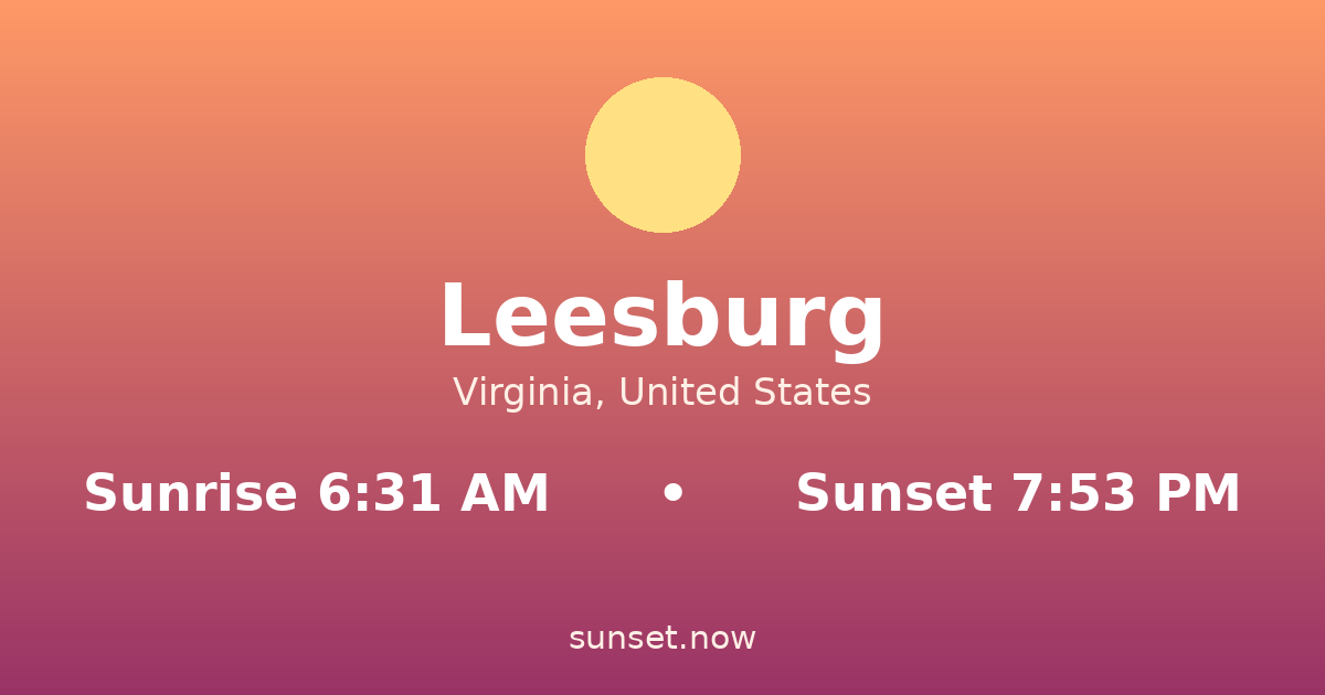 Sunrise & sunset times in Leesburg, Virginia — sunrise 6:31 AM, sunset 7:53 PM