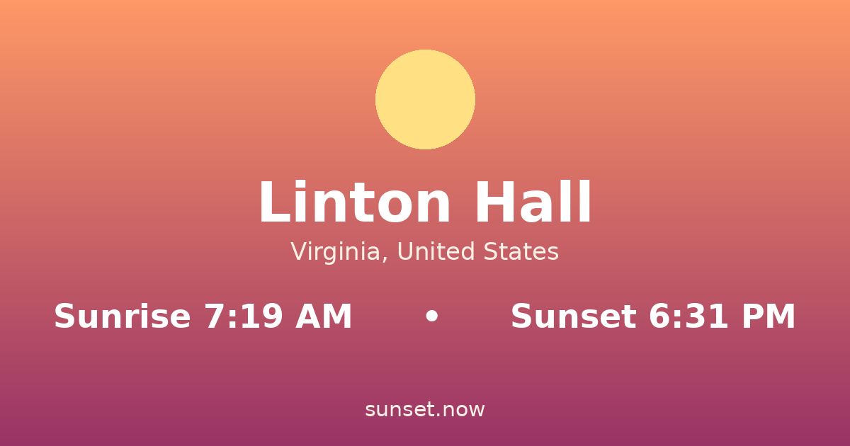 Sunrise & sunset times in Linton Hall, Virginia — sunrise 7:19 AM, sunset 6:31 PM