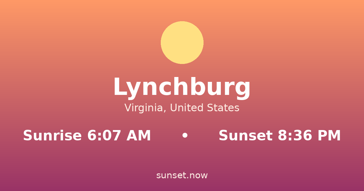 Sunrise & sunset times in Lynchburg, Virginia — sunrise 6:07 AM, sunset 8:36 PM