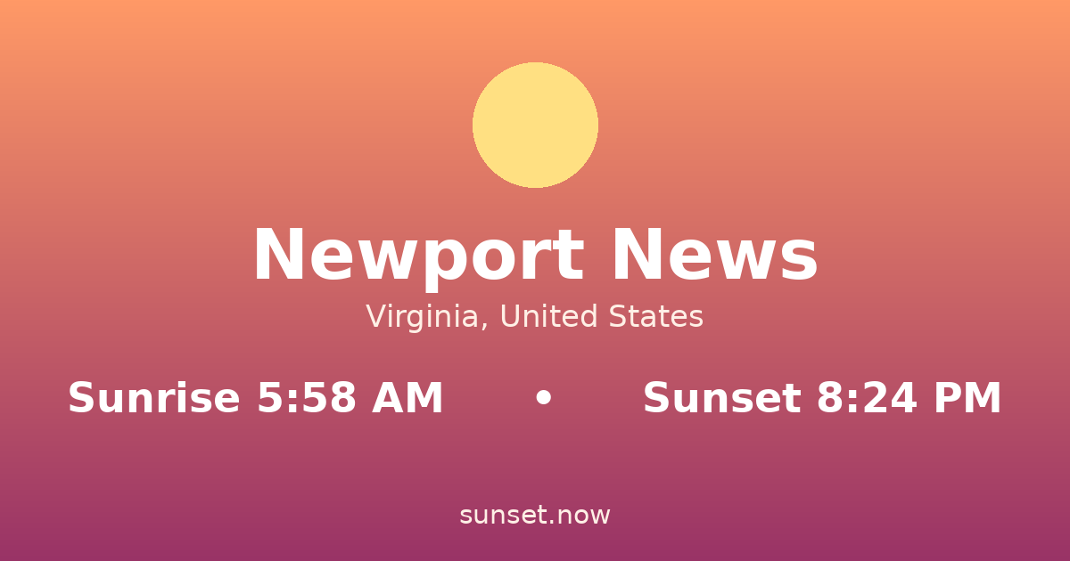 Sunrise & sunset times in Newport News, Virginia — sunrise 5:58 AM, sunset 8:24 PM