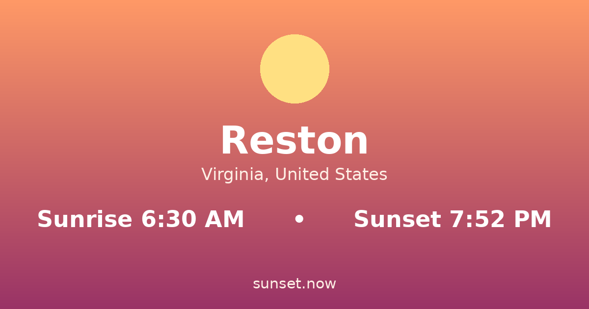 Sunrise & sunset times in Reston, Virginia — sunrise 6:30 AM, sunset 7:52 PM