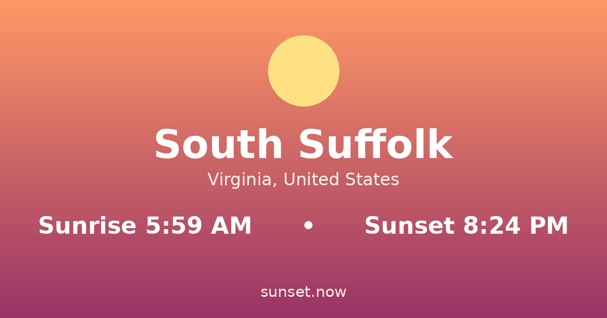 Sunrise & sunset times in South Suffolk, Virginia — sunrise 5:59 AM, sunset 8:24 PM