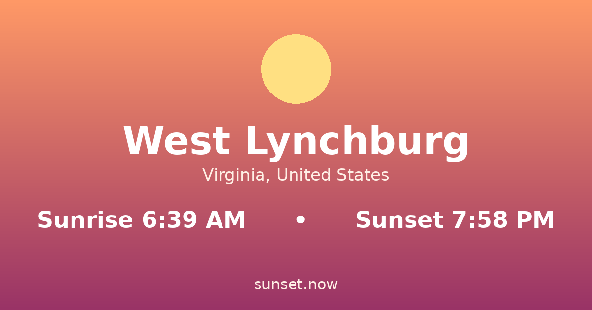 Sunrise & sunset times in West Lynchburg, Virginia — sunrise 6:39 AM, sunset 7:58 PM