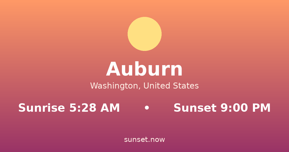 Sunrise & sunset times in Auburn, Washington — sunrise 5:28 AM, sunset 9:00 PM