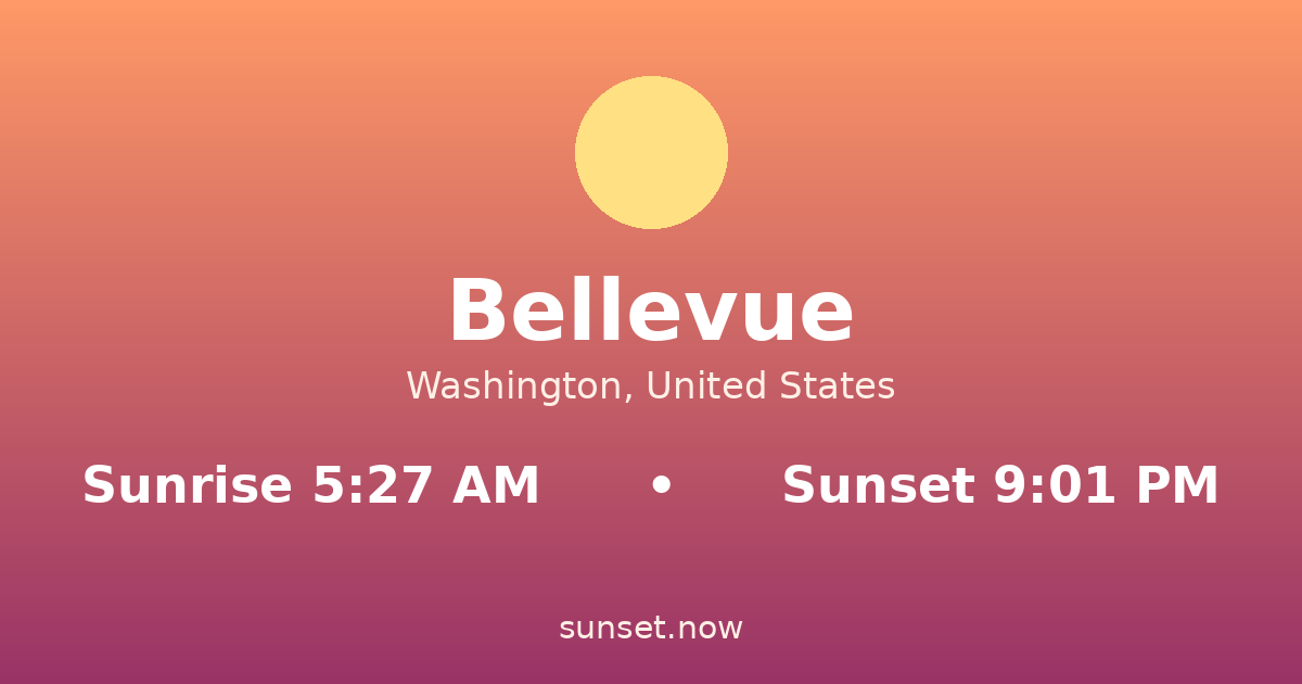 Sunrise & sunset times in Bellevue, Washington — sunrise 5:27 AM, sunset 9:01 PM