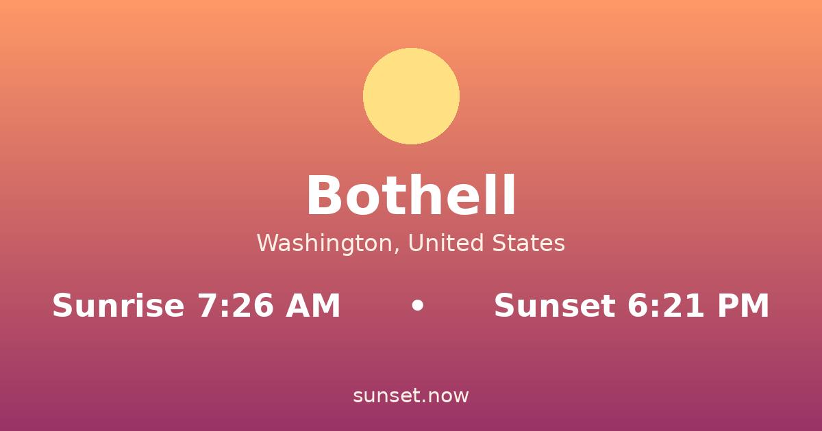 Sunrise & sunset times in Bothell, Washington — sunrise 7:26 AM, sunset 6:21 PM