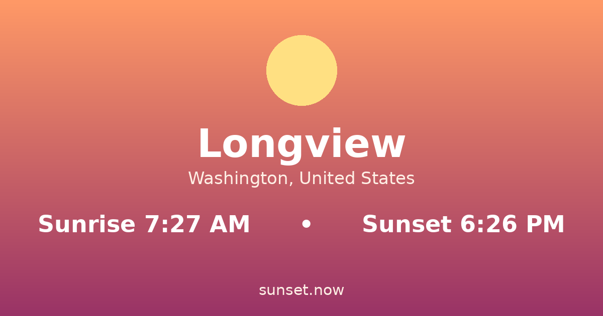 Sunrise & sunset times in Longview, Washington — sunrise 7:27 AM, sunset 6:26 PM