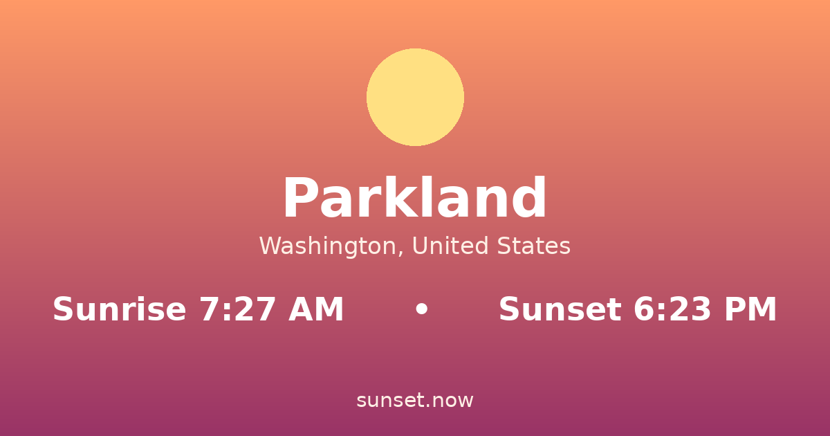 Sunrise & sunset times in Parkland, Washington — sunrise 7:27 AM, sunset 6:23 PM