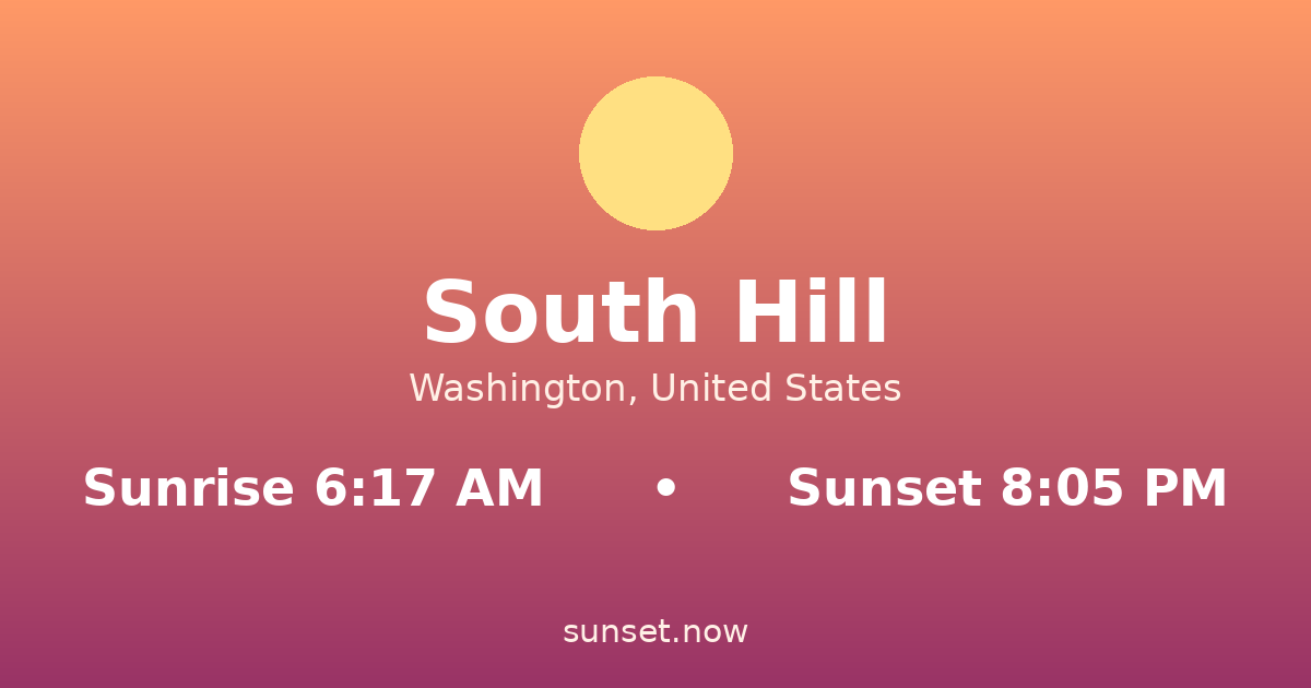 Sunrise & sunset times in South Hill, Washington — sunrise 6:17 AM, sunset 8:05 PM