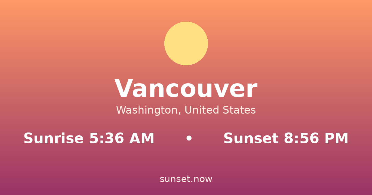 Sunrise & sunset times in Vancouver, Washington — sunrise 5:36 AM, sunset 8:56 PM
