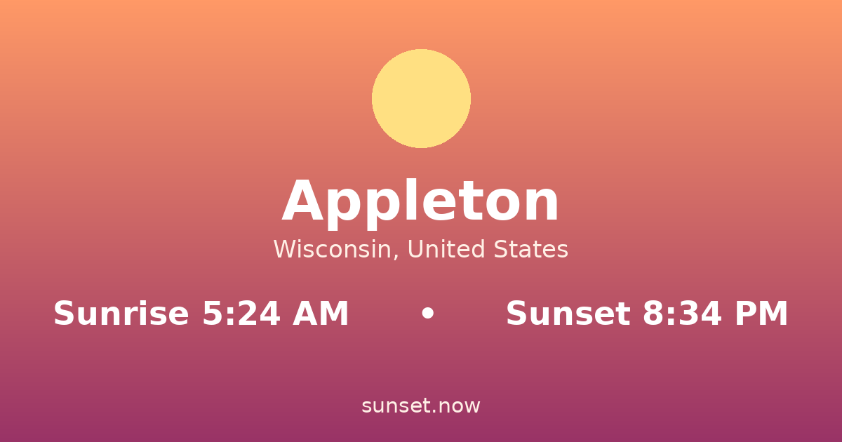 Sunrise & sunset times in Appleton, Wisconsin — sunrise 5:24 AM, sunset 8:34 PM