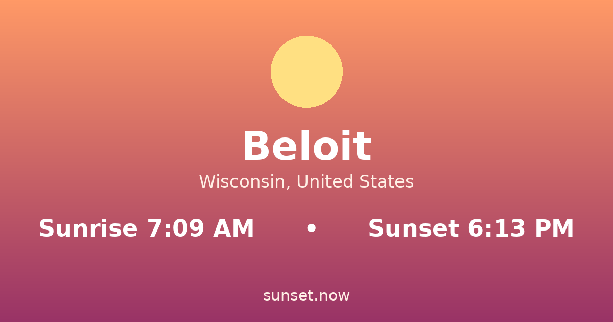 Sunrise & sunset times in Beloit, Wisconsin — sunrise 7:09 AM, sunset 6:13 PM