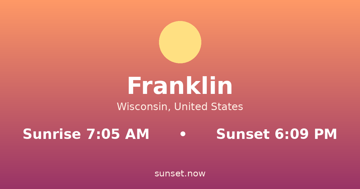 Sunrise & sunset times in Franklin, Wisconsin — sunrise 7:05 AM, sunset 6:09 PM