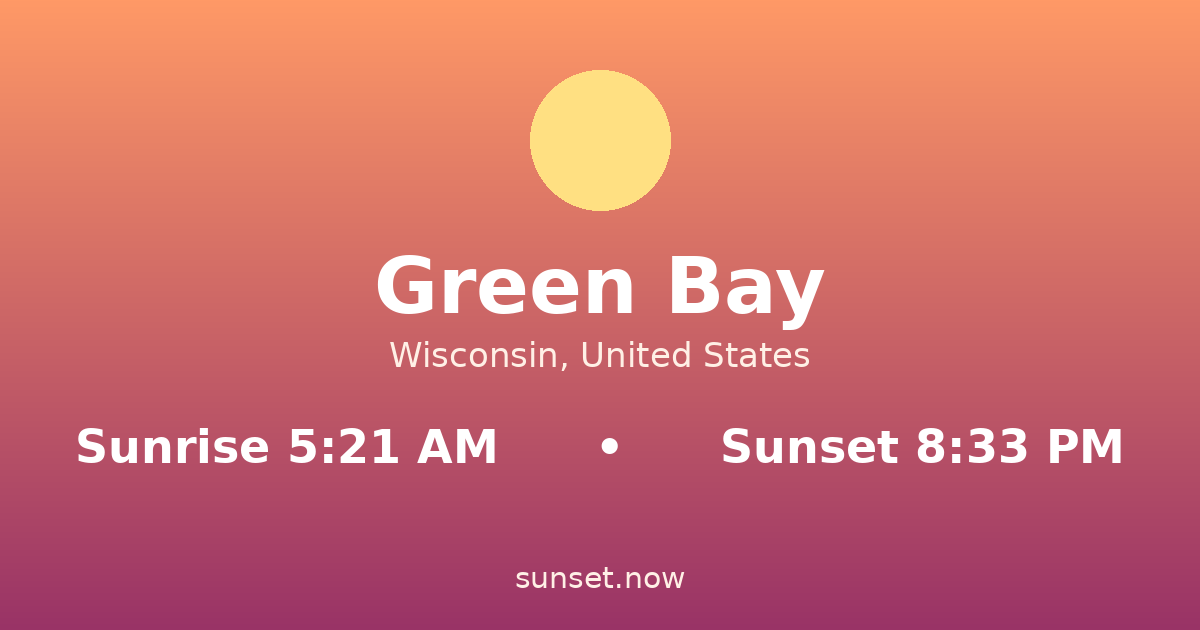 Sunrise & sunset times in Green Bay, Wisconsin — sunrise 5:21 AM, sunset 8:33 PM