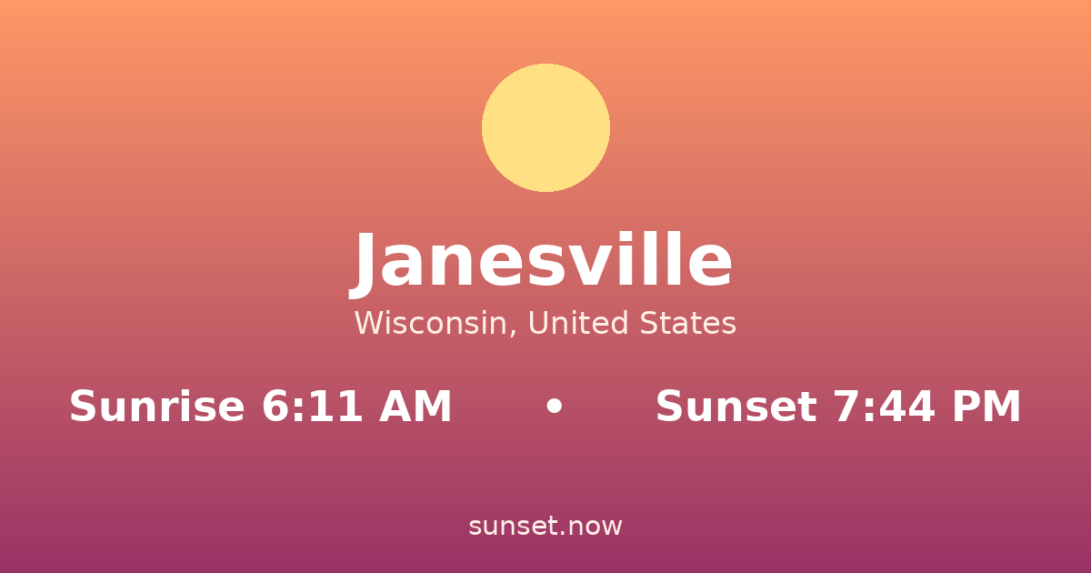 Sunrise & sunset times in Janesville, Wisconsin — sunrise 6:11 AM, sunset 7:44 PM