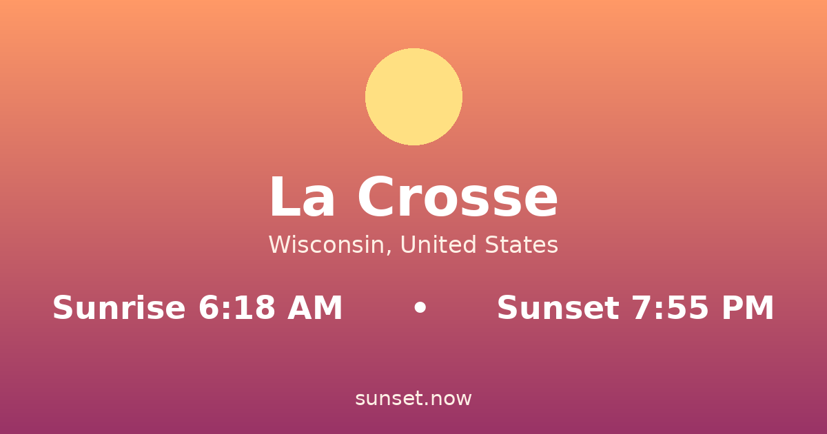Sunrise & sunset times in La Crosse, Wisconsin — sunrise 6:18 AM, sunset 7:55 PM