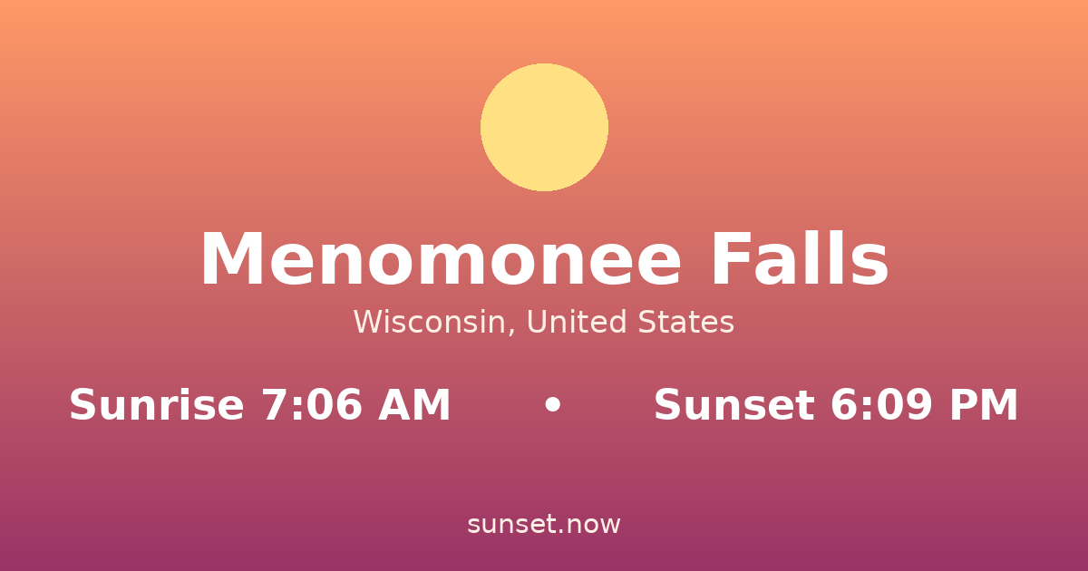 Sunrise & sunset times in Menomonee Falls, Wisconsin — sunrise 7:06 AM, sunset 6:09 PM