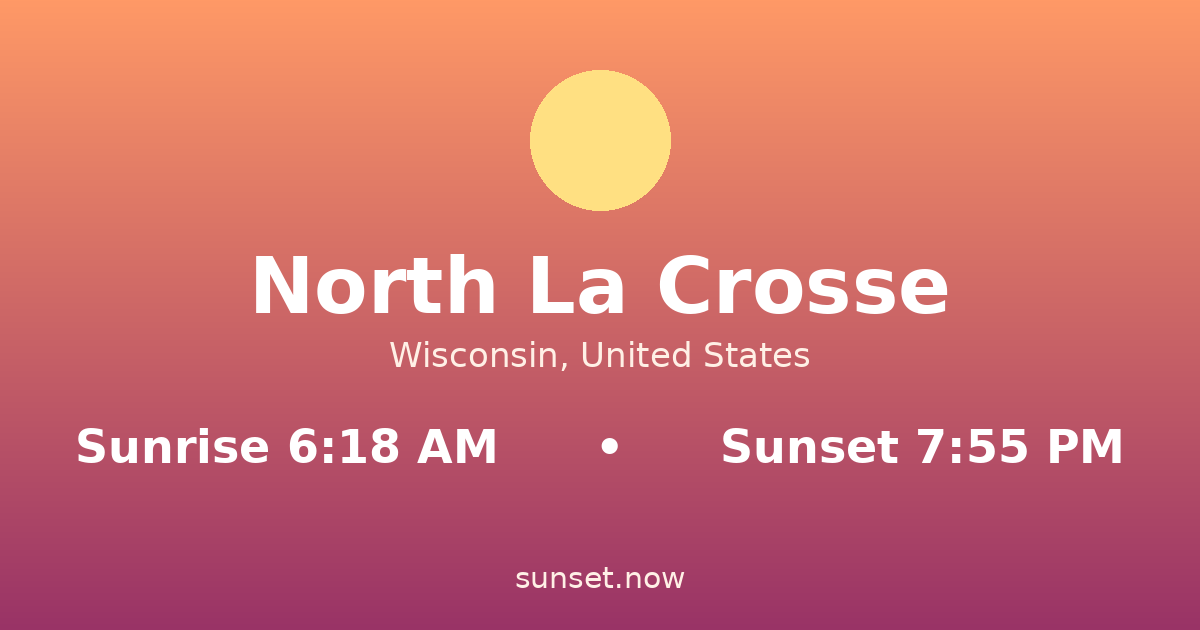 Sunrise & sunset times in North La Crosse, Wisconsin — sunrise 6:18 AM, sunset 7:55 PM