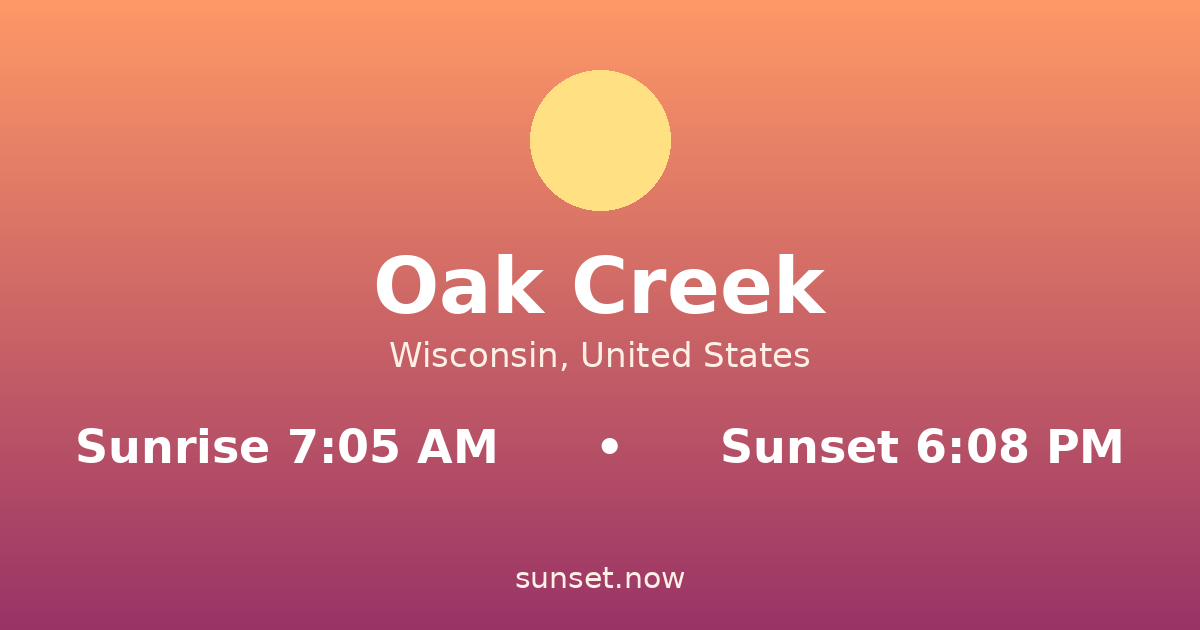 Sunrise & sunset times in Oak Creek, Wisconsin — sunrise 7:05 AM, sunset 6:08 PM