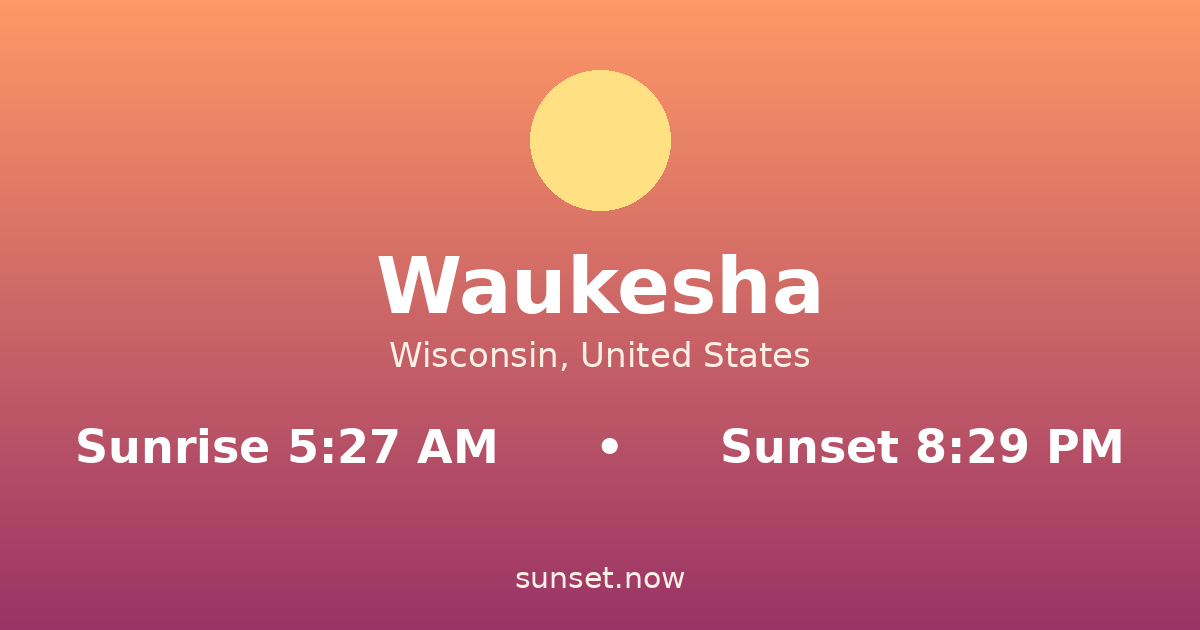 Sunrise & sunset times in Waukesha, Wisconsin — sunrise 5:27 AM, sunset 8:29 PM