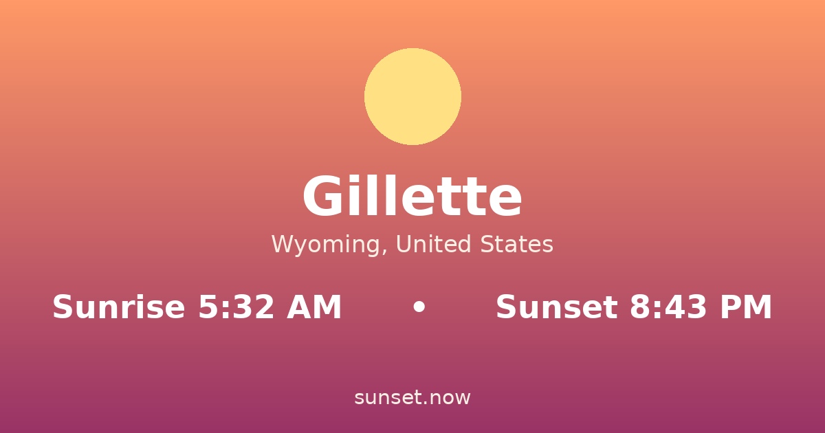 Sunrise & sunset times in Gillette, Wyoming — sunrise 5:32 AM, sunset 8:43 PM